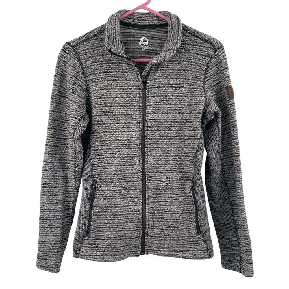 OVERLAND Zip Up Sweater Small Aurora Wool Blend Fleece Gray Stripe Jacket Pocket